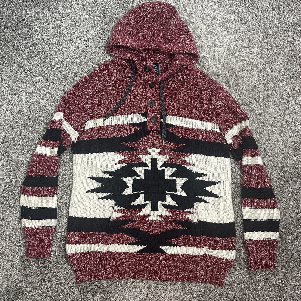 American Eagle Southwestern Knit Hoodie Sweater Mens Medium Red Black Aztec
